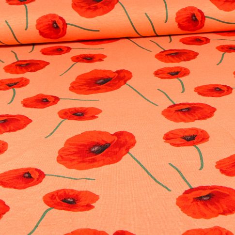 Tissu Jersey Viscose Coquelicots sur fond Saumon