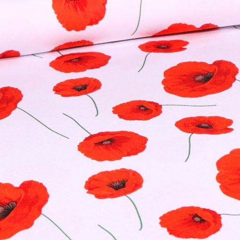 Tissu Jersey Viscose Coquelicots sur fond Blanc