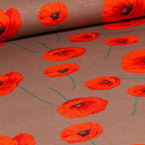 Tissu Jersey Viscose Coquelicots sur fond Marron