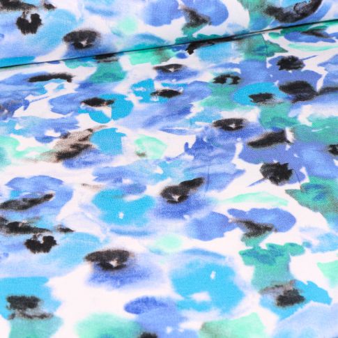 Tissu Jersey Viscose  Aqua flowers bleu sur fond Blanc