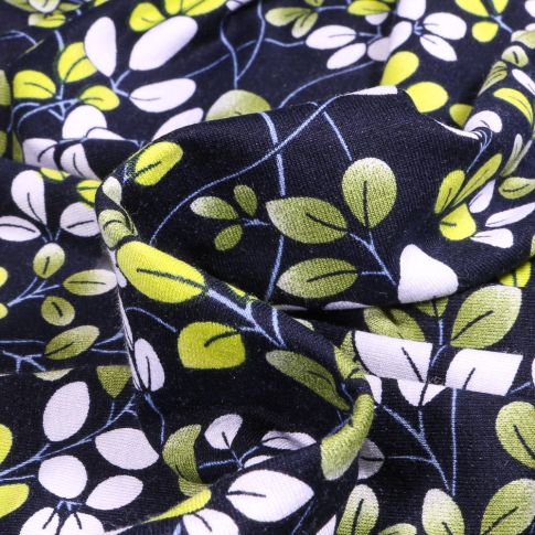 Tissu Jersey Viscose  Audrey vert anis sur fond Bleu marine