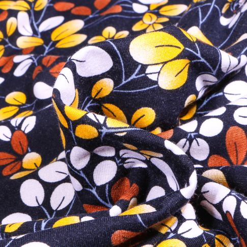 Tissu Jersey Viscose  Audrey jaune orangé sur fond Bleu marine