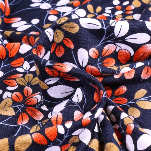 Tissu Jersey Viscose  Audrey ocre orange sur fond Bleu marine