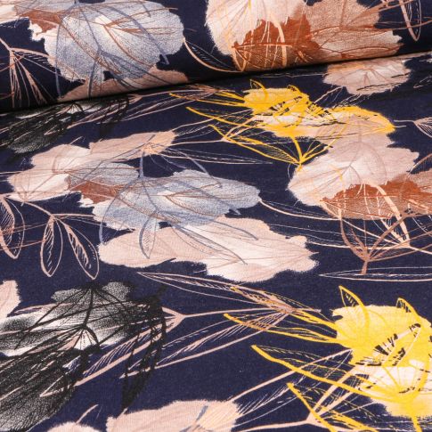 Tissu Jersey Viscose Lin Fleurs et feuilles abstrait marron sur fond Bleu marine