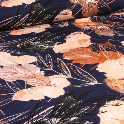 Tissu Jersey Viscose Lin Fleurs et feuilles abstrait ecru sur fond Bleu marine