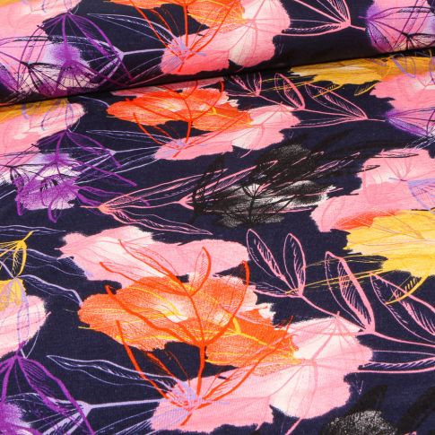 Tissu Jersey Viscose Lin Fleurs et feuilles abstrait violet sur fond Bleu marine