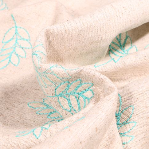 Tissu Lin Viscose Feuilles brodées menthe sur fond Naturel