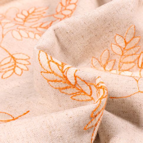 Tissu Lin Viscose Feuilles brodés orange sur fond Naturel