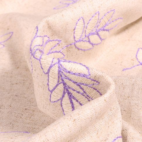 Tissu Lin Viscose Feuilles brodés lila sur fond Naturel