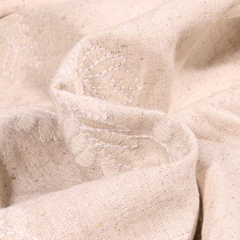 Tissu Lin Viscose Feuilles brodées blanches sur fond Naturel