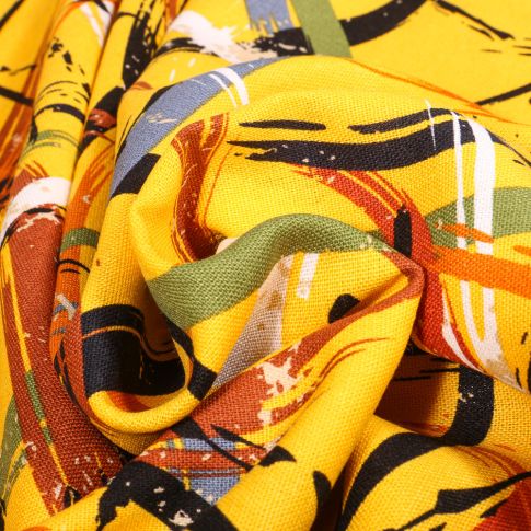 Tissu Viscose Lin Paint artistique sur fond Jaune