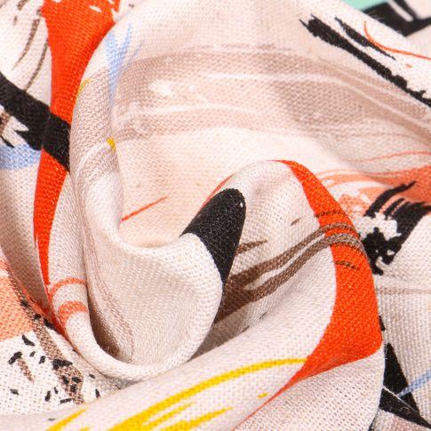 Tissu Viscose Lin Paint artistique sur fond Ecru