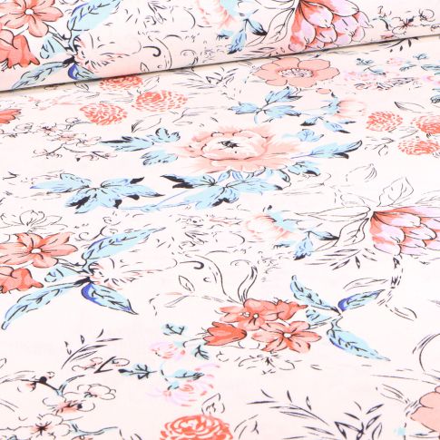 Tissu Viscose Lin Esquisse Pivoine corail sur fond Blanc