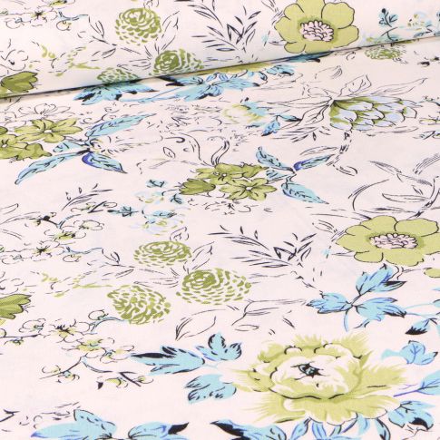 Tissu Viscose Lin Esquisse Pivoine vert sur fond Blanc