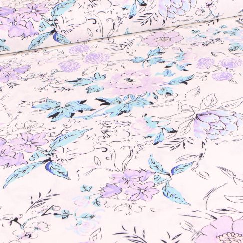 Tissu Viscose Lin Esquisse Pivoine lila sur fond Blanc