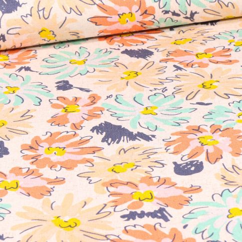 Tissu Viscose Lin Marguerites dessinées sur fond Rose nude