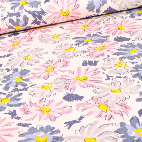 Tissu Viscose Lin Marguerites dessinées lilas sur fond Blanc
