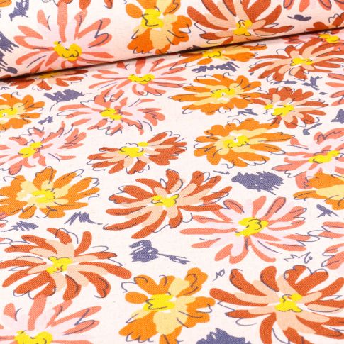 Tissu Viscose Lin Marguerites dessinées orange sur fond Blanc cassé