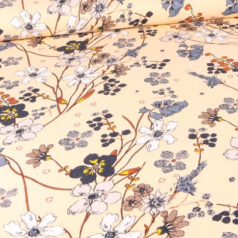 Tissu Viscose Lin Jolies fleurs sur fond Ecru