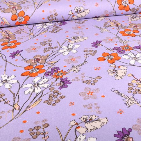 Tissu Viscose Lin Fleurs printanière sur fond Lilas