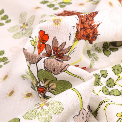 Tissu Viscose Lin Fleurs printanière sur fond Blanc