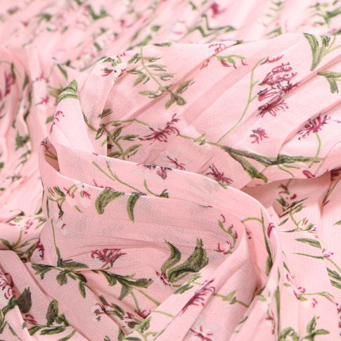 Tissu Crêpe imprimé Plissé Fleuris sur fond Rose pâle
