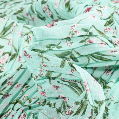 Tissu Crêpe imprimé Plissé Fleuris sur fond Vert menthe