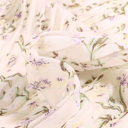 Tissu Crêpe imprimé Plissé Fleuris sur fond Ecru