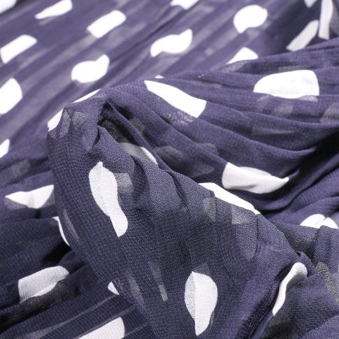 Tissu Crêpe imprimé Plissé Pois sur fond Bleu marine