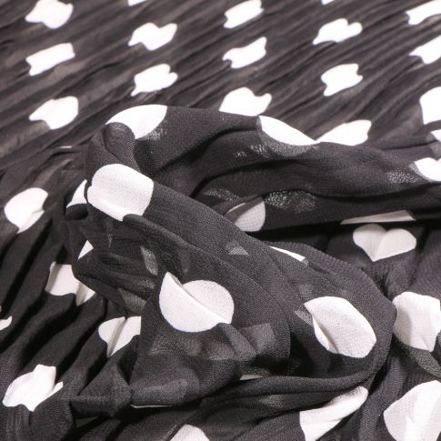 Tissu Crêpe imprimé Plissé Pois sur fond Noir