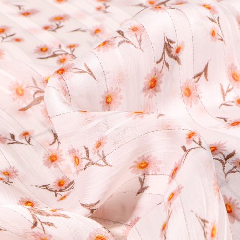 Tissu Voile satiné flowers sur fond Blanc cassé