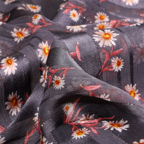 Tissu Voile satiné flowers sur fond Gris anthracite