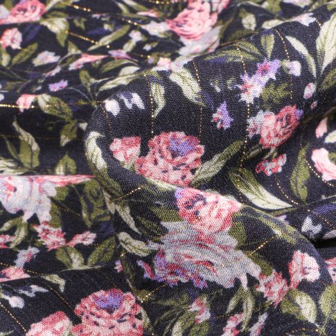 Tissu Viscose texturé Maria rayures lurex sur fond Bleu nuit