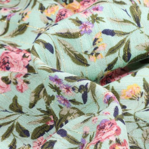Tissu Viscose texturé Maria rayures lurex sur fond Vert menthe