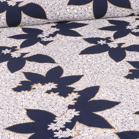 Tissu Crêpe Georgette Grandes et petites fleurs bleu marine pailletés sur fond Blanc
