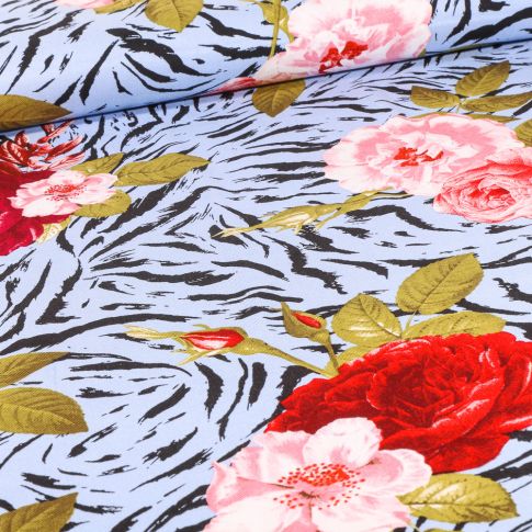 Tissu Viscose Zébra fleuris sur fond Bleu