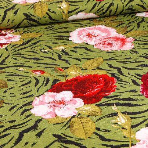 Tissu Viscose Zébra fleuris sur fond Vert