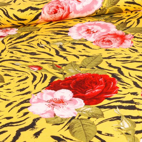 Tissu Viscose Zébra fleuris sur fond Jaune