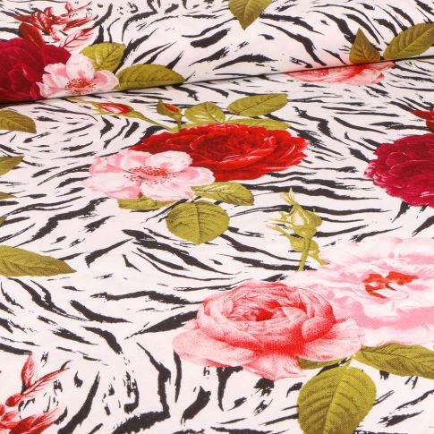 Tissu Viscose Zébra fleuris sur fond Blanc