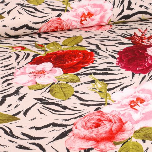 Tissu Viscose Zébra fleuris sur fond Ecru