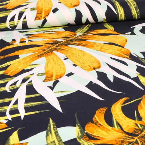 Tissu Viscose Twill Grandes feuilles de palmier sur fond Bleu marine