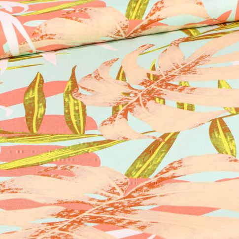 Tissu Viscose Twill Grandes feuilles de palmier sur fond Vert menthe