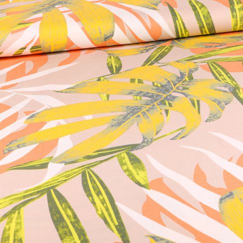 Tissu Viscose Twill Grandes feuilles de palmier sur fond Rose nude