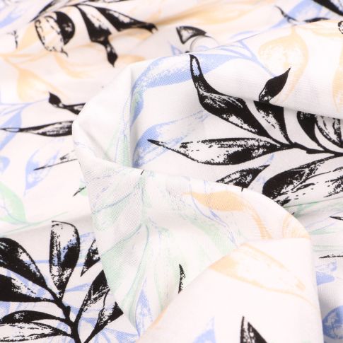 Tissu Viscose Feuillages pastels bleu sur fond Blanc