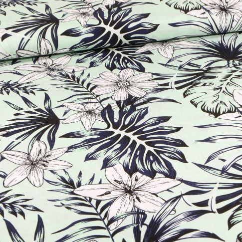 Tissu Viscose Feuilles de palmier et fleurs sur fond Vert menthe clair