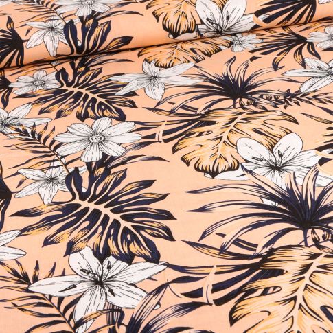 Tissu Viscose Feuilles de palmier et fleurs sur fond Saumon