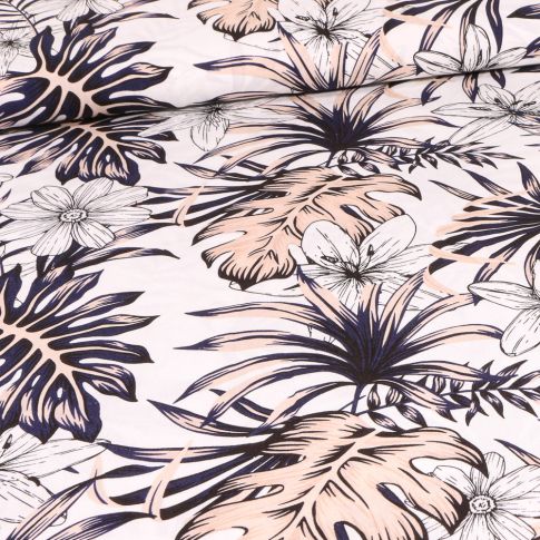 Tissu Viscose Feuilles de palmier et fleurs sur fond Blanc cassé