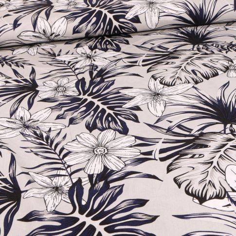 Tissu Viscose Feuilles de palmier et fleurs sur fond Gris clair