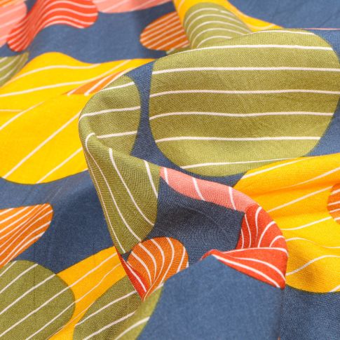 Tissu Viscose Grands cercles rayés colorés sur fond Bleu