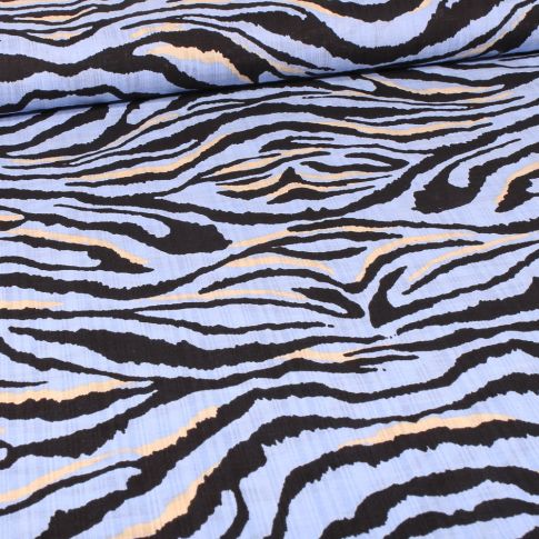 Tissu Voile de Coton et Viscose Zébra sur fond Bleu ciel